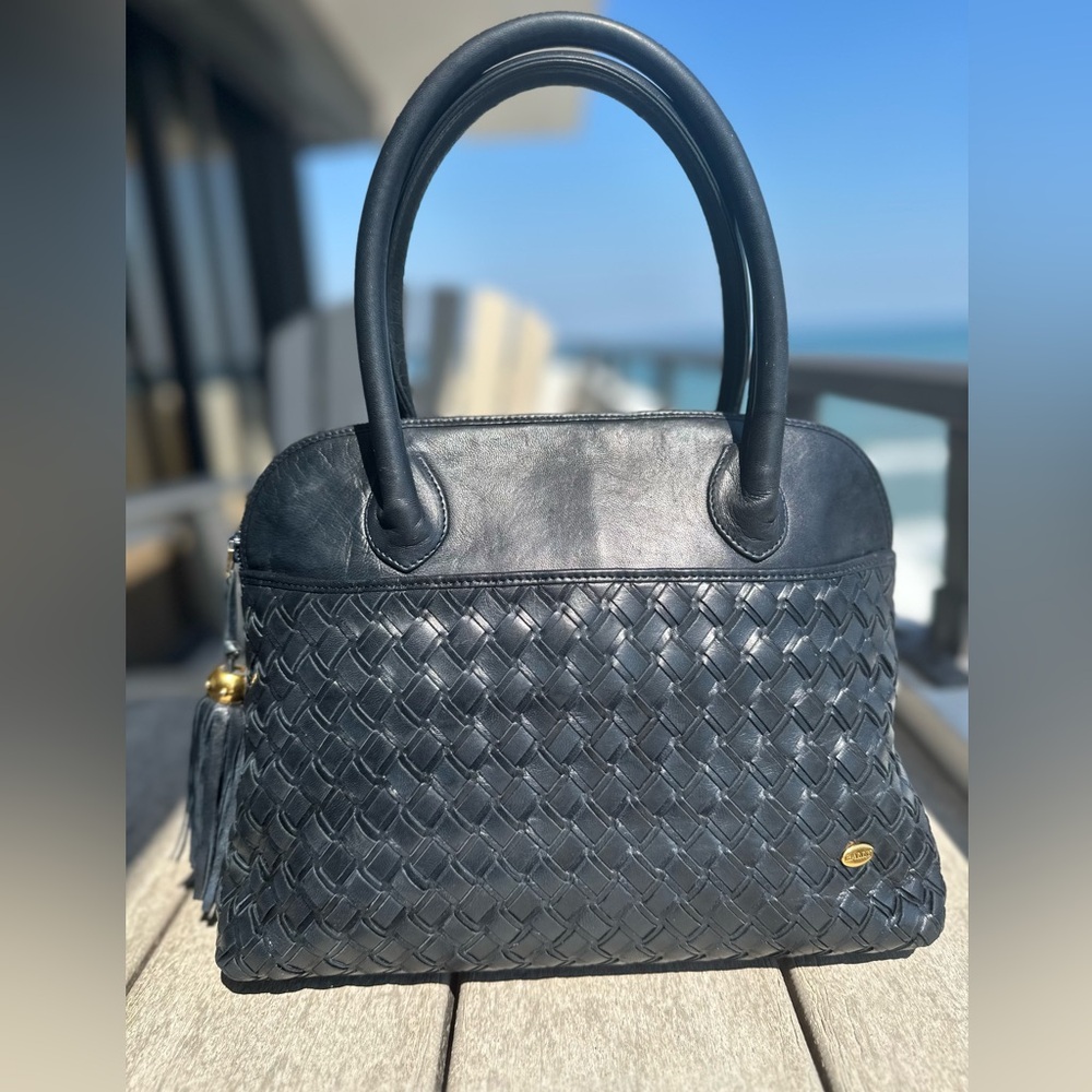 BALLY Handbag Intrecciato Weave | Handle | Navy Lamb Skin | Vintage | EUC